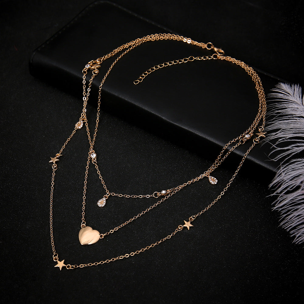 Layered Heart and Star Pendant Necklace with Rhinestones