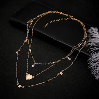 Layered Heart and Star Pendant Necklace with Rhinestones