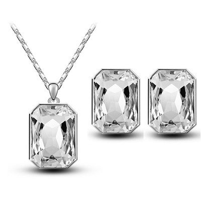Crystal Pendant Rectangular Bride Necklace & Earring Set