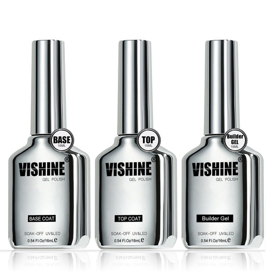 Vishine 3PCS 16ml Top Coat Builder Gel and Base Coat Set No Wipe Gel Top Coat Base Gel Builder Extension Gel for Nails Art Long Lasting Nail Protection Soak Off LED Gel
