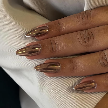 Light Bronze Chrome Press on Nails Medium Almond Nails Press ons Metallic Nails Glue onAcrylic Nails Fake Nails for WomenThick Shinny False Nails Glue on Nails Medium Length Stiletto Nails 24Pcs