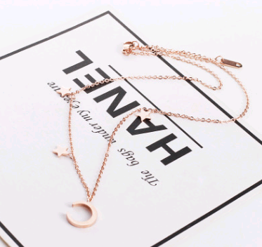 Minimalist Titanium Steel Star Moon Necklace in 18K Rose Gold