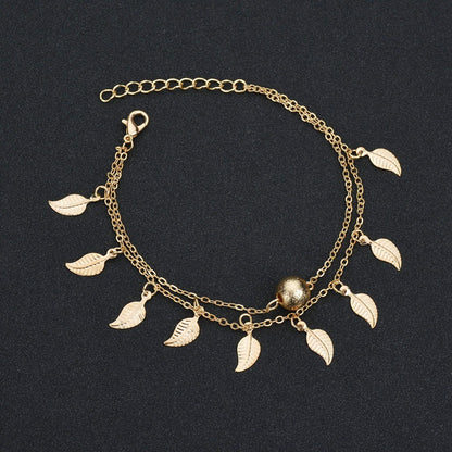 Summer Cool Beaded Leaf Tassel Anklet Double Layer