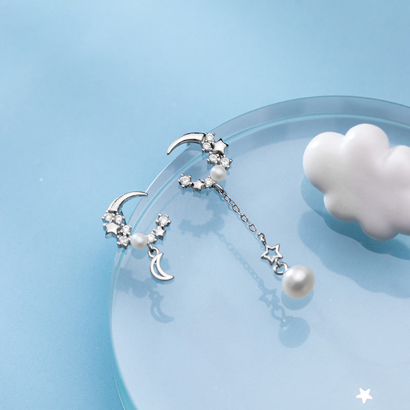 S925 Silver Earrings with Asymmetric Star and Moon Design