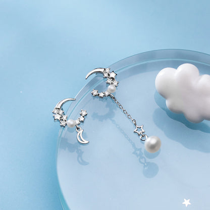 S925 Silver Earrings with Asymmetric Star and Moon Design