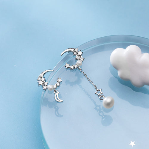 S925 Silver Earrings with Asymmetric Star and Moon Design