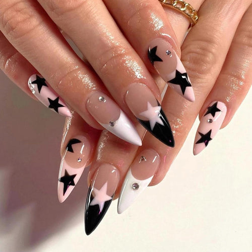 MERVF Almond Press on Nails Long Fake Nails White Black French Tip Stiletto Glue on Nails with Pink Star Design Y2K Acrylic False Nails Press ons 24pcs Glossy