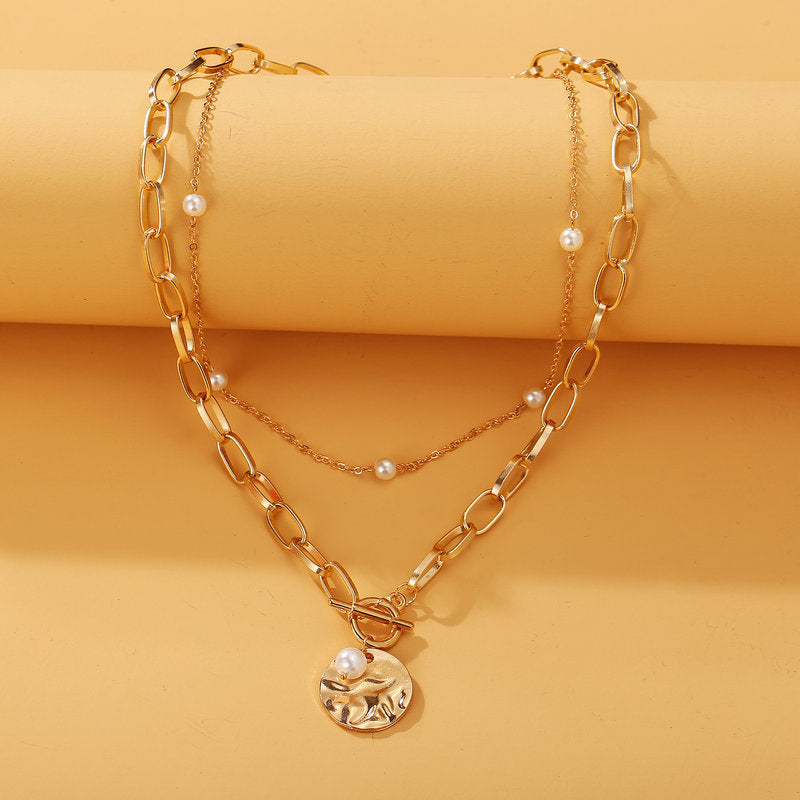 Double Layer Pearl Chain Necklace with Alloy Pendant