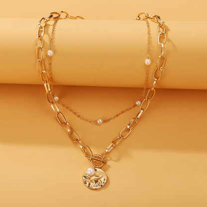 Double Layer Pearl Chain Necklace with Alloy Pendant