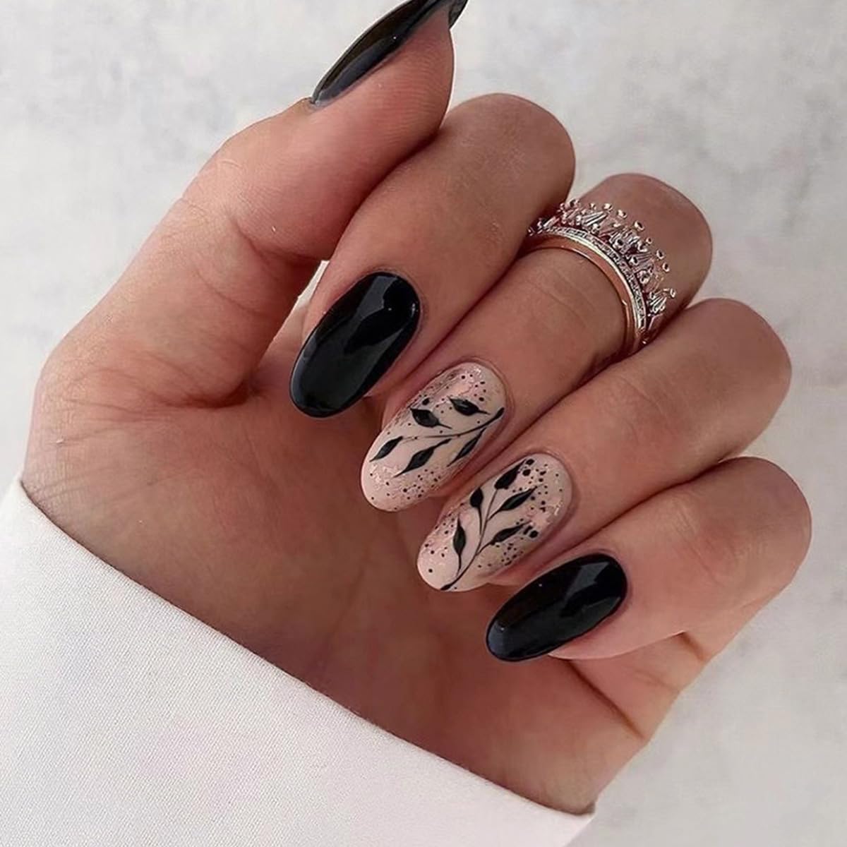 Medium Press on Nails Black Fake Nails Oval Acrylic Nails Leaves False Nails with Designs Glossy Artificial Nails Spring Stick on Nails for Women 24PCS