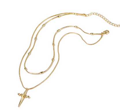 Fashionable Double Layer Gold Cross Necklace with Pendant