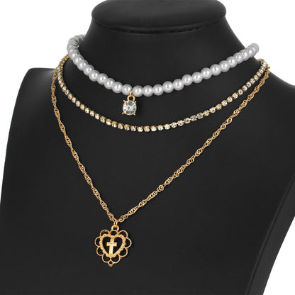 Pearl and Rhinestone Heart Pendant Layered Necklace Set