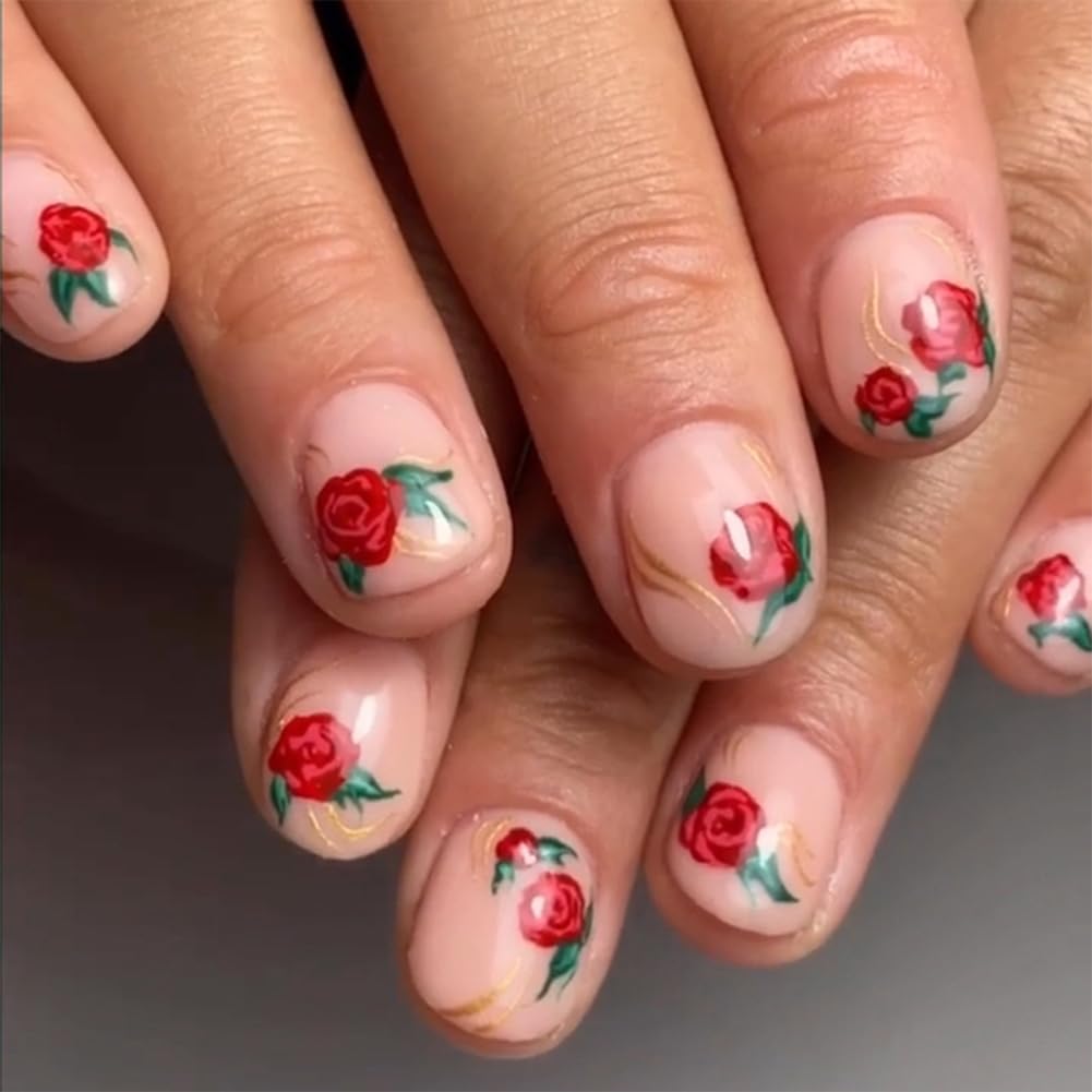 Valentines Press on Nails Short Fake Nails Glue on Nails Short Pink False Nails with Red Roses Designs Acrylic Valentines Nails Press on Artificial Nails Stick on Nails For Women 24Pcs