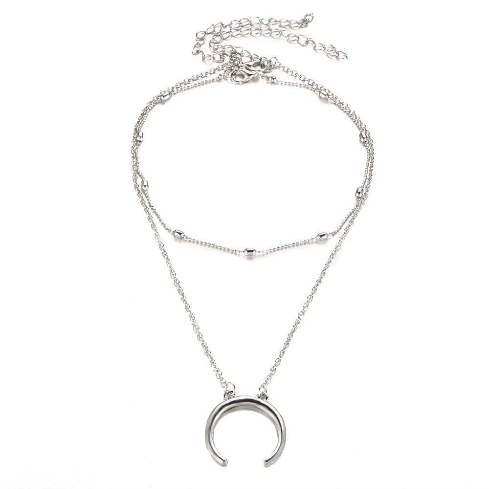 Layered Horn Necklace with Moon Pendant - Fashionable Style