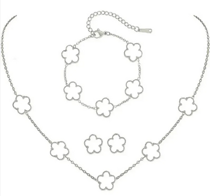 Elegant Five-Leaf Flower Jewelry Set – Titanium Steel Bracelet, Necklace & Stud Earrings