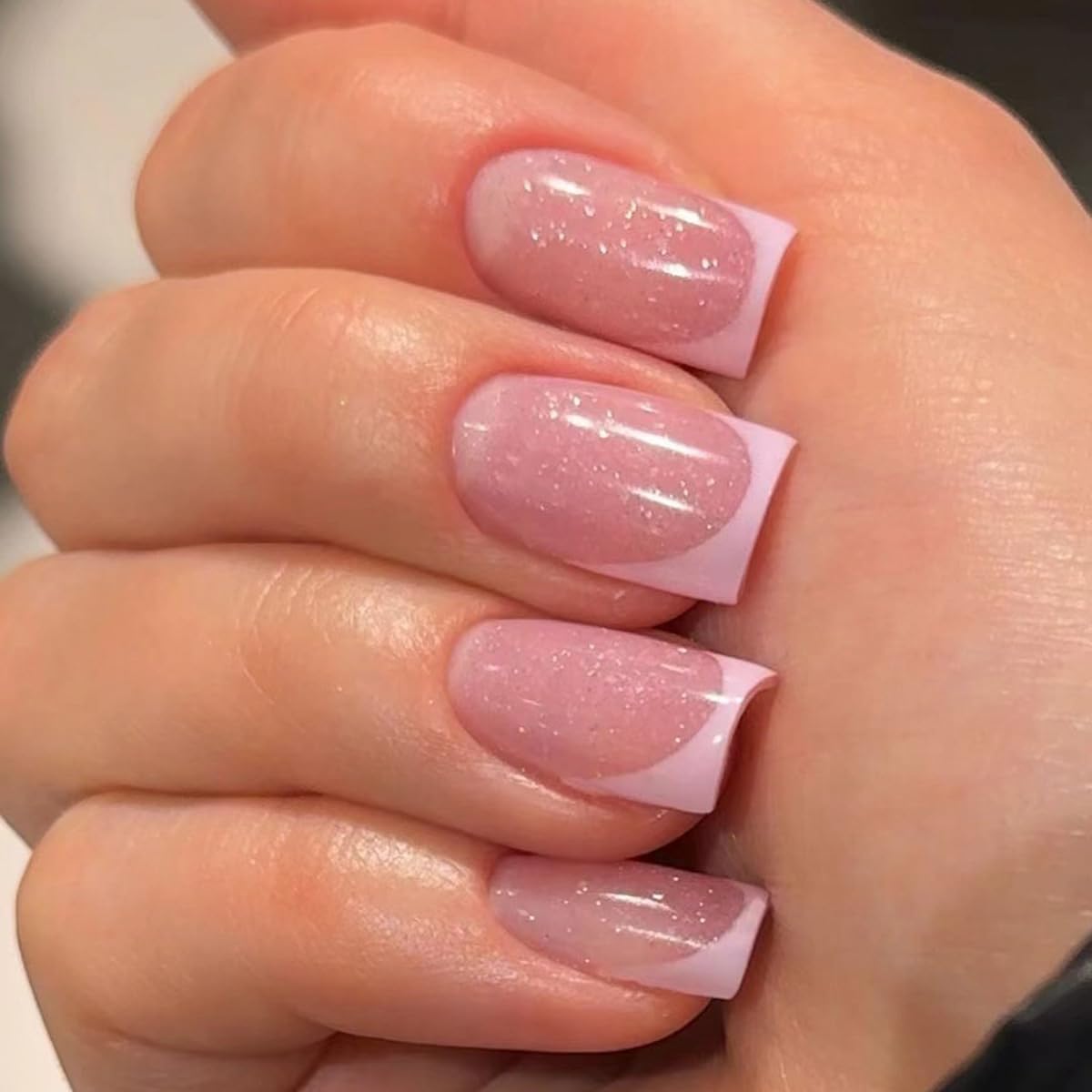 Pink French Tip Press on Nails Short Square Fake Nails Glossy Pink False Nails with Glue on Nails Reusable Full Cover Stick on Nails Cute Artificial Nails for Women Finger Manicure Decoration 24Pcs