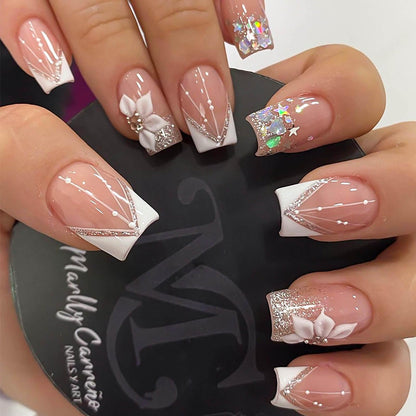 RUOKEXIN Square Press on Nails White French Tip Fake Nails Medium False Nails with Glitter Designs Full Cover Glue on Nails Sparkly Artificial Nails Cute Stick on Nails for Women 24Pcs