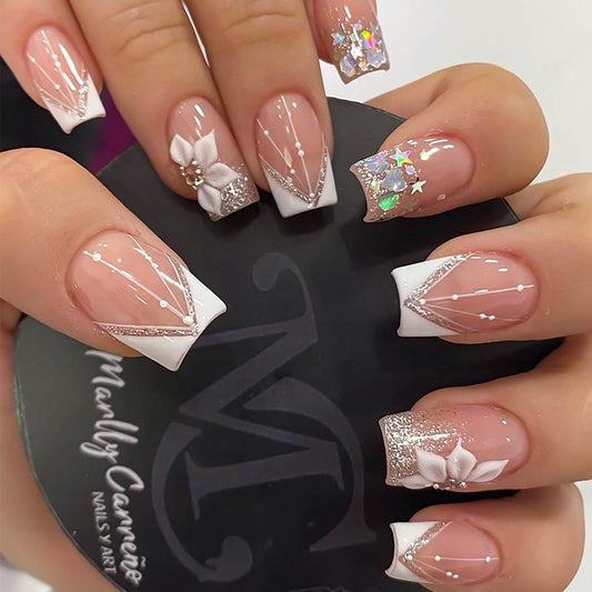 RUOKEXIN Square Press on Nails White French Tip Fake Nails Medium False Nails with Glitter Designs Full Cover Glue on Nails Sparkly Artificial Nails Cute Stick on Nails for Women 24Pcs