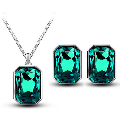 Crystal Pendant Rectangular Bride Necklace & Earring Set