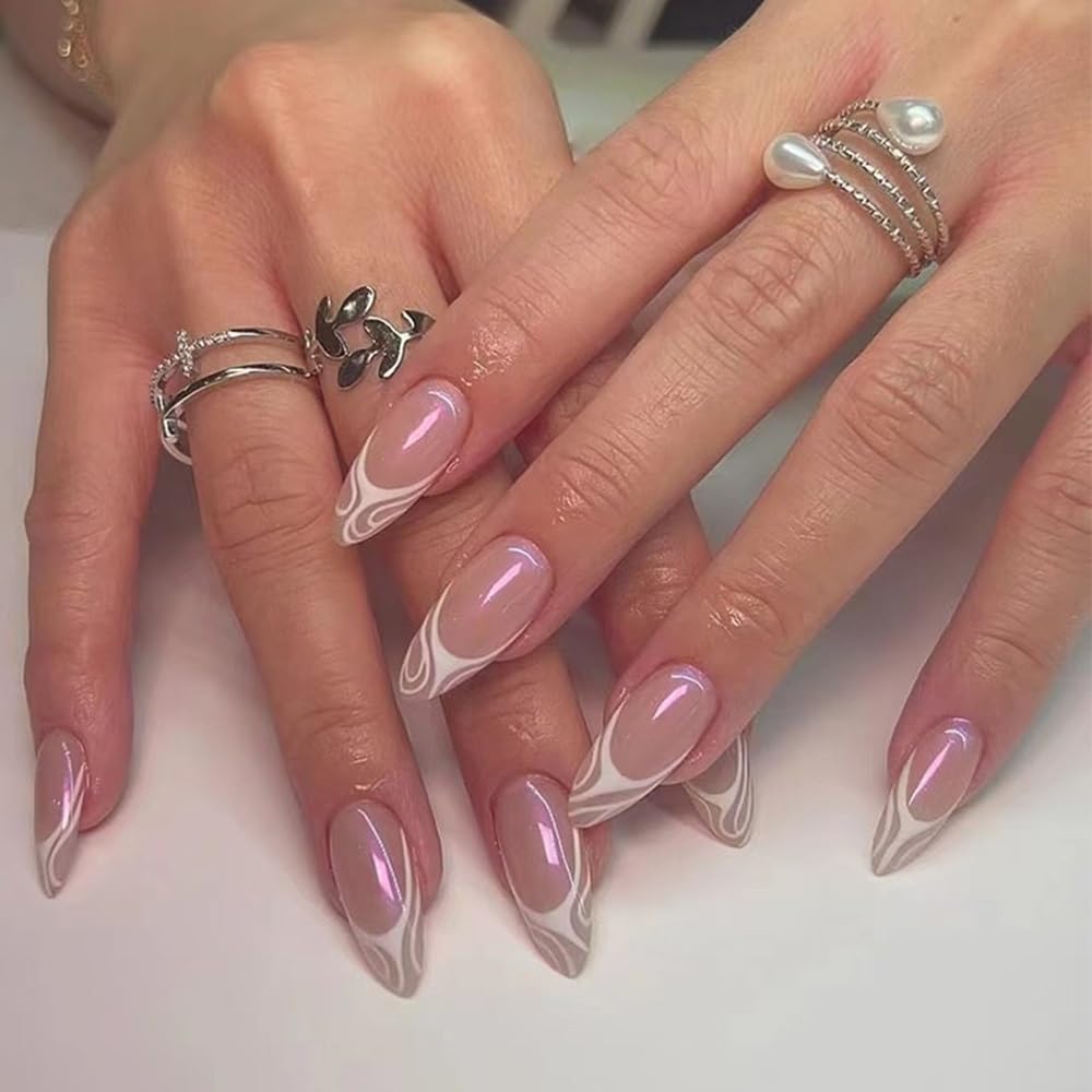 Press on Nails Medium Almond Fake Nails Aurora Pink False Nails French Acrylic Nails with White Line Design Glue on Nails Chrome Full Cover Stick on Nails Artificial Nails for Women Manicure 24Pcs