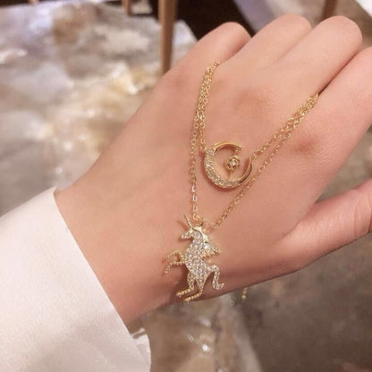 Unicorn Necklace, Starry Moon Layered Pendant Gift