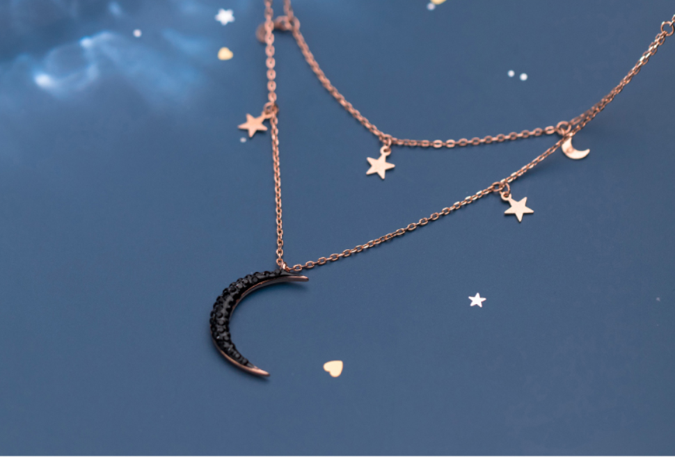 Ailuoqi S925 Silver Double Layer Star Moon Necklace