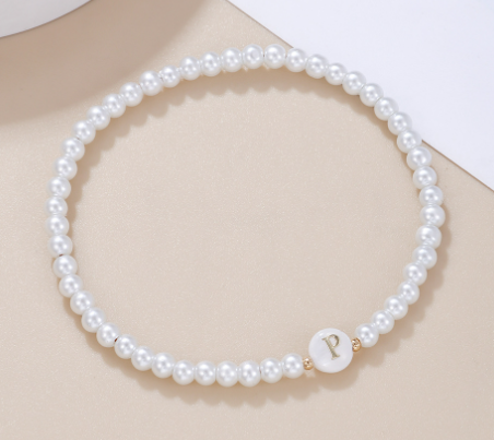 Dainty Faux Pearl Bead Initial Bracelet for Women