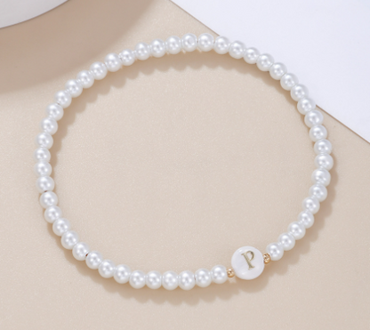 Dainty Faux Pearl Bead Initial Bracelet for Women