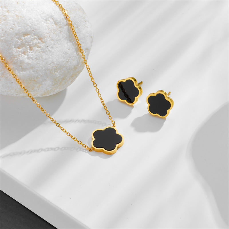Titanium Steel Five-Petal Flower Necklace and Earring Set