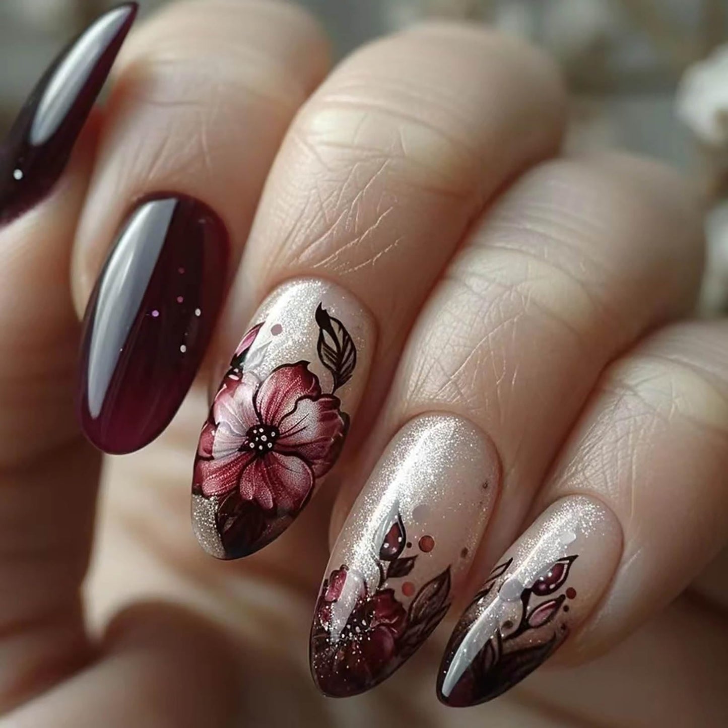 Press On Nails Almond Fake Nails Flower Stick On Nails Glossy Shiny Uñas Postizas Acrylic Nails Kit Press On Nails For Women 24pcs