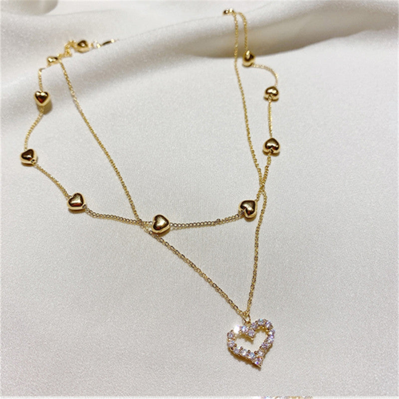 Layered Heart Diamond Necklace, Stylish Collar Chain