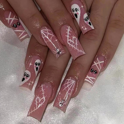 MERVF Long Press on Nails Square Fake Nails Spider Web Press ons Glue on Nails Cute Ghost Squoval Acrylic Halloween False Nails with Rhinestones Design Glossy 24pcs