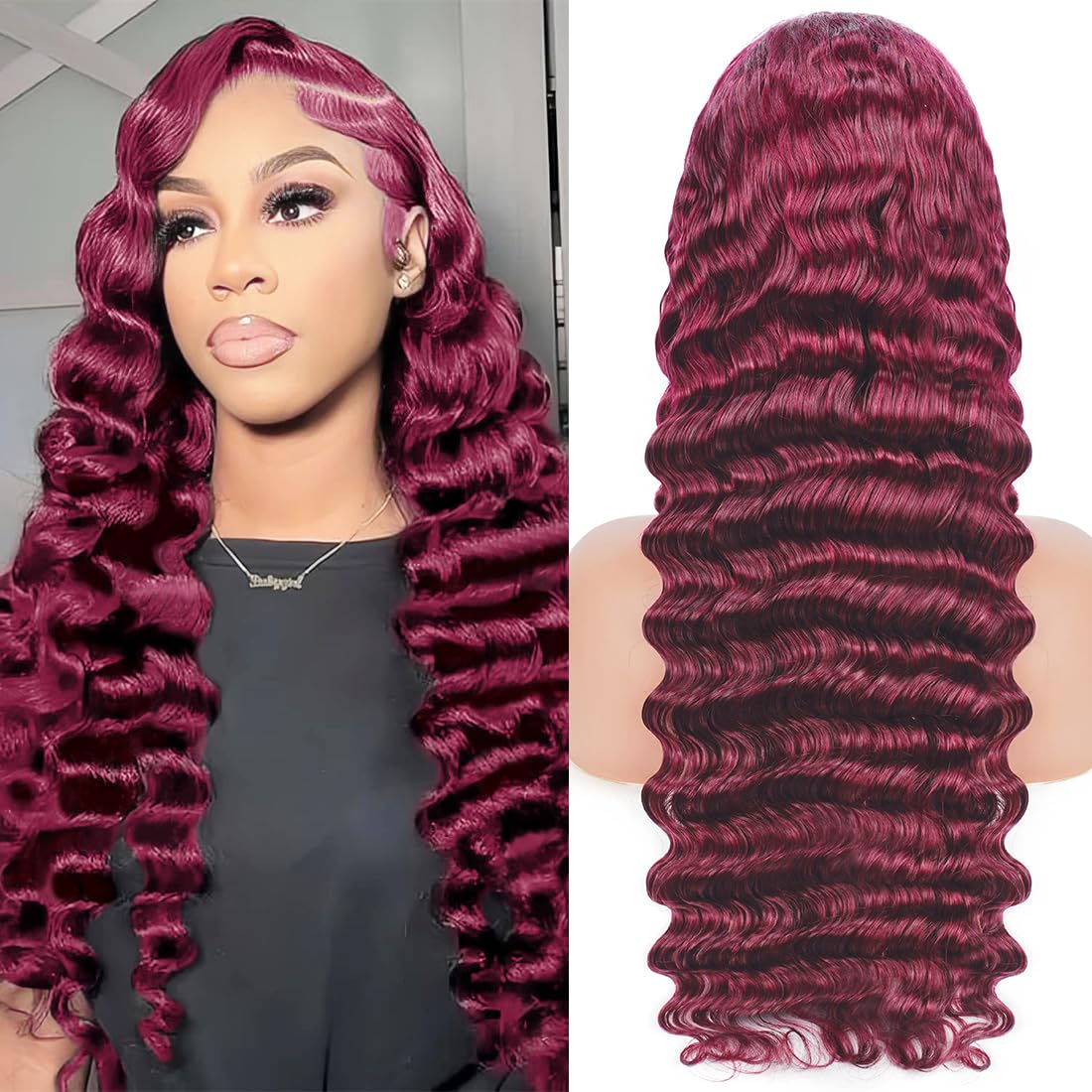 OLFORY Burgundy Lace Front Wigs Human Hair Wigs for Black Women 13x4 HD Transparent Lace Frontal Wigs Pre Plucked 200% Density 99j Loose Deep Glueless Wigs Red Wine Brazilian Virgin Wig 30 Inch