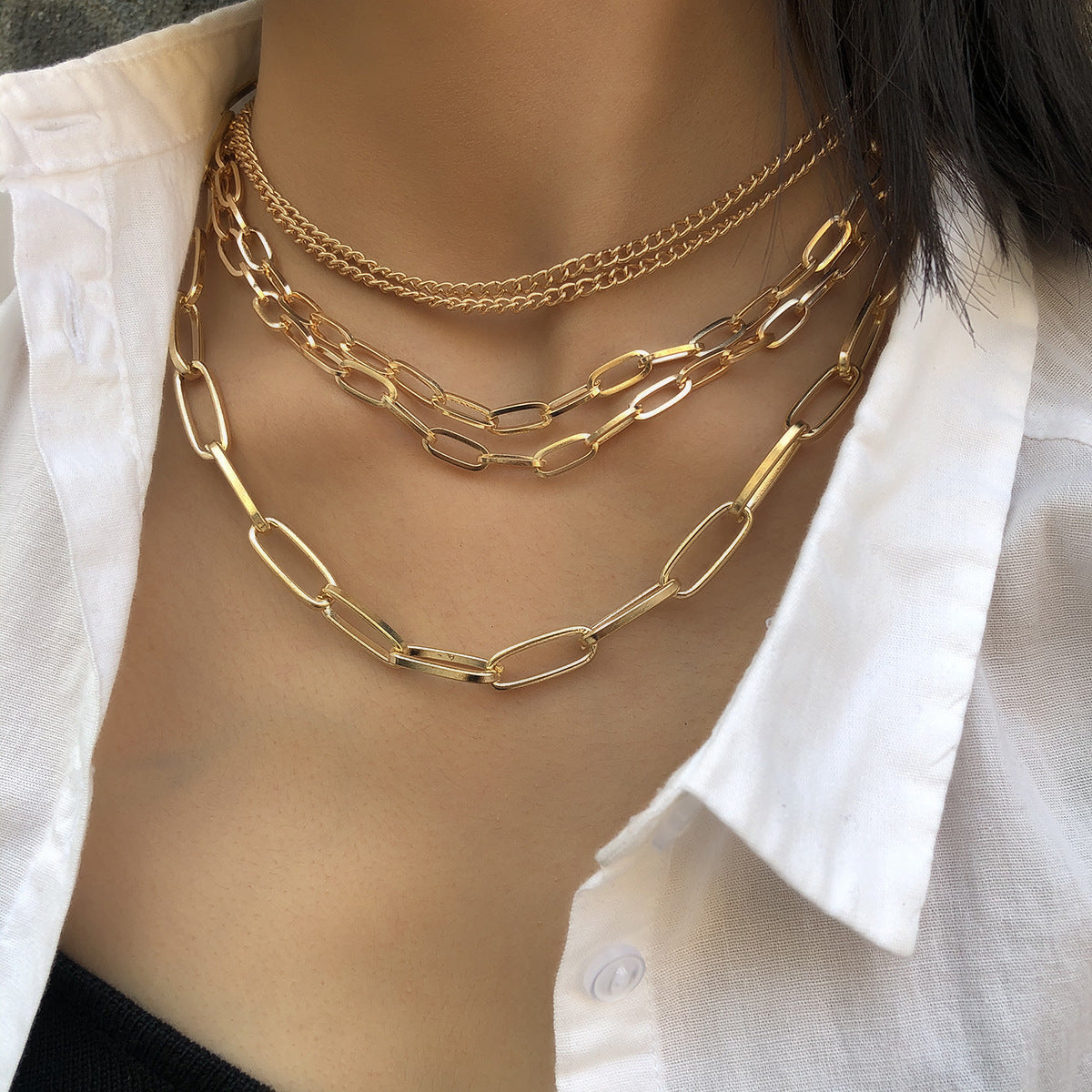 Geometric Layered Punk Chain Necklace for Women