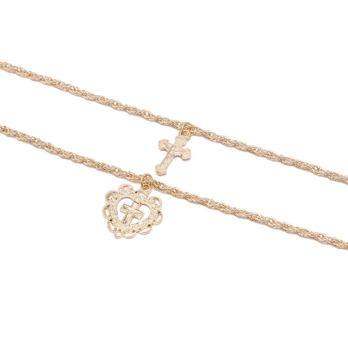 Double Layer Heart Necklace with Cross Pendant