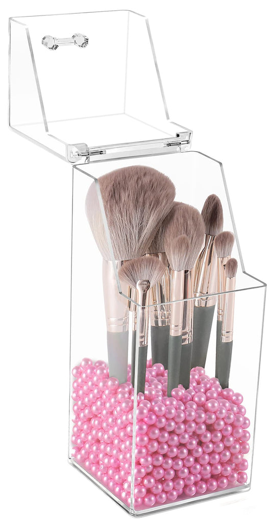 Sooyee Makeup Brush HolderMakeup Brush Organizer with 8mm Pink PearlsDustproof Makeup Brush holder with Lid