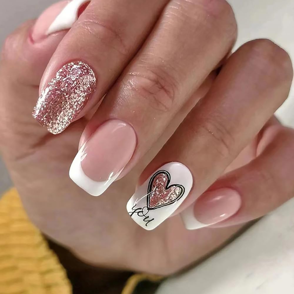 White French Tip Press On Nails Valentines Medium Square Pink Fake Nails with Glitter Heart Designs Pink False Nails Press Ons Acrylic Full Cover Glue Stick On Nails for Women French Manicure 24PCS