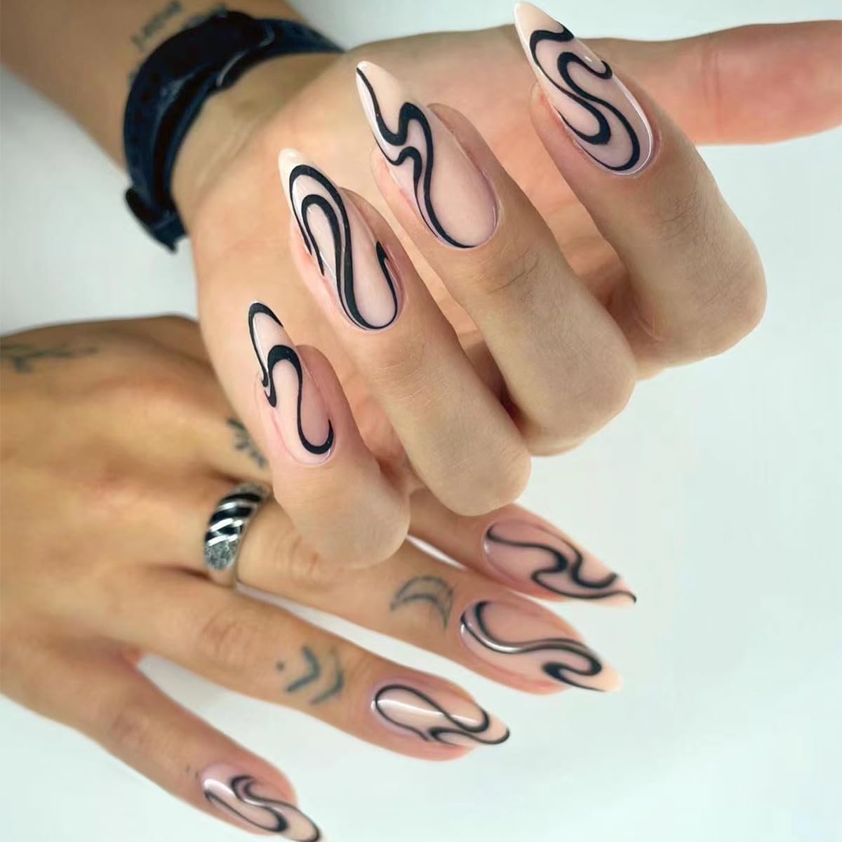 Long Press on Nails Almond Fake Nails Stiletto False Nails with Black Snake Design Glue on Nails Full Cover Stick on Nails Glossy Acrylic Nails Press ons Artificial Nails for Women Manicure 24Pcs
