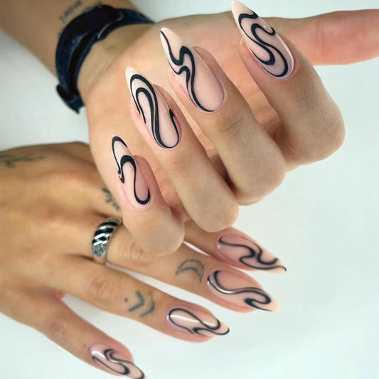 Long Press on Nails Almond Fake Nails Stiletto False Nails with Black Snake Design Glue on Nails Full Cover Stick on Nails Glossy Acrylic Nails Press ons Artificial Nails for Women Manicure 24Pcs