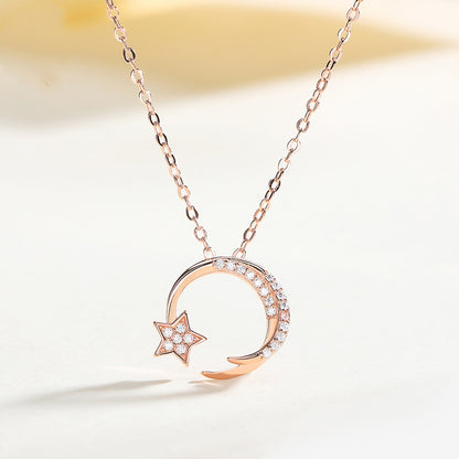 S925 Silver Star and Moon Pendant Necklace