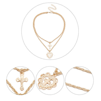 Trendy Dual-Layer Heart Cross Pendant Necklace for Women