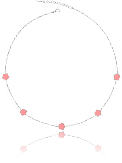 Qinpan 14K Gold Pendant Four Leaf Clover Necklace for Women Lucky Flower Jewelry (Pink-White Gold Plated)