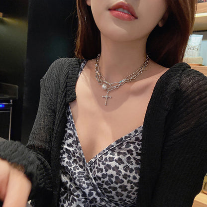 Double Layer Pearl Cross Pendant Necklace for Women