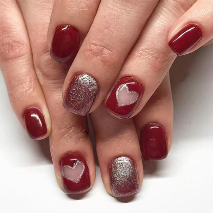 Valentines Day Press on Nails Wine Red Fake Nails Short Square False Nails with Nude Glitter Heart Designs Red Glue on Nails Heart Stick on Nails Cute Acrylic Nails Full Cover Glossy Artificial Nails