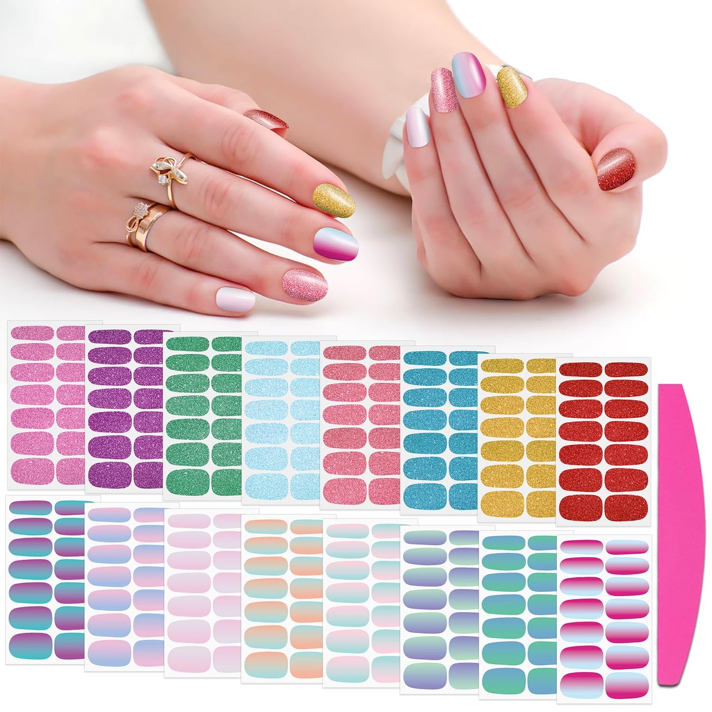 SILPECWEE 16 Sheets Bright Color Nail Polish Stickers Full Nail Wraps Glitter Mermaid Color Gel Nail Strips Self Adhesive Nail Polish Strips Fingernail Sticker Nails for Women with Nail File