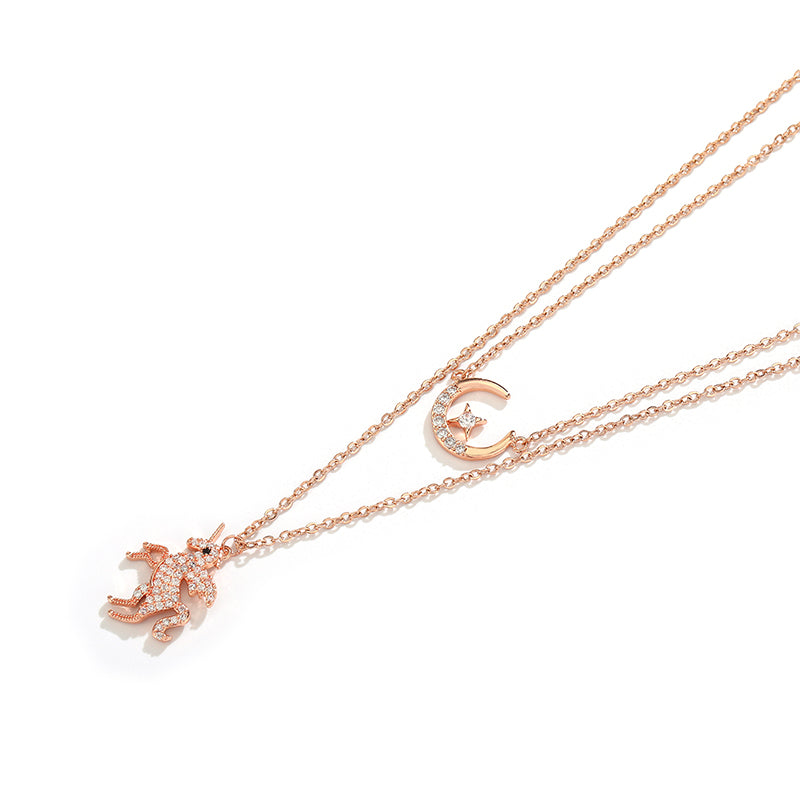 Romantic Unicorn Star Moon Necklace, Double Layer Chain