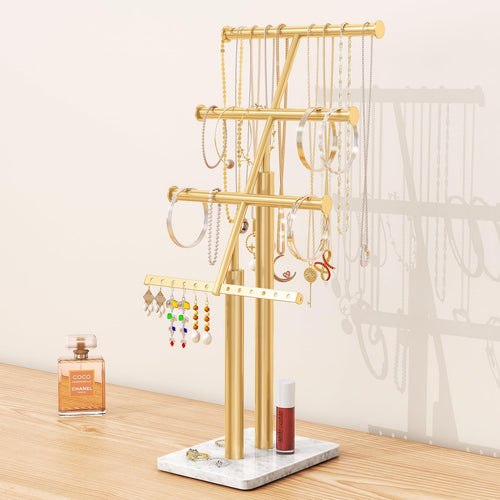 KLJKPA Jewelry Tree Stand Gold Jewelry Organizer with Marble Base 17" Tall Necklace Display Stand with 4-Tier Jewelry Rack Metal Jewelry Holder Necklaces Earrings Bracelets Rings - Gold