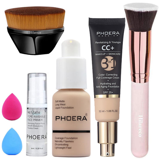 PHOERA FoundationPHOERA CC Cream Foundation Color Correcting Anti Aging Hydrating Serum &SPF 25+PHOERA Primer PHOERA Makeup Foundation Makeup Brushes (102 Nude+100 Porcelain CC Cream)