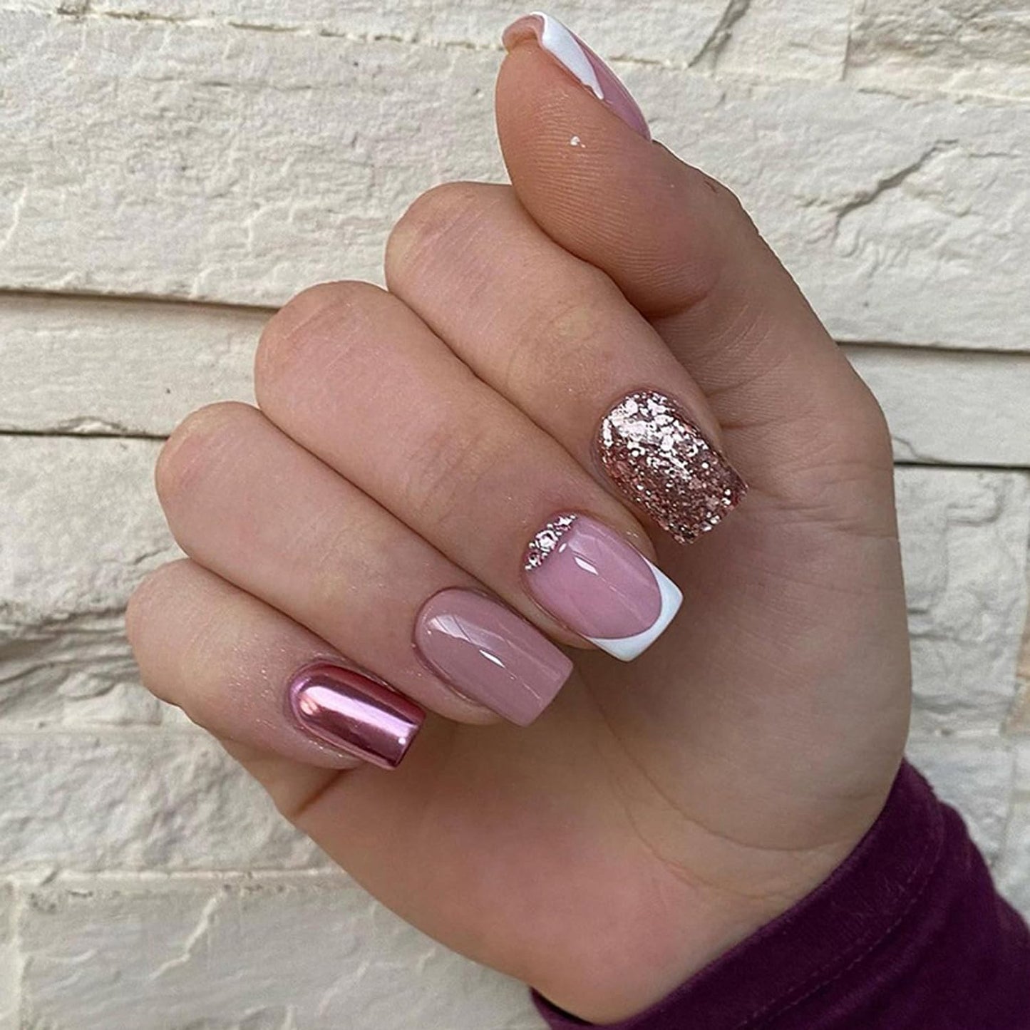 24Pcs Nude Christmas Press on Nails Medium Square Fake Nails Glossy Full Cover French Tip False Nails Glitter with Designs Stick on Nails for Women