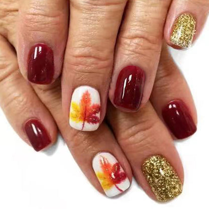 24Pcs Square Press on Nails Short Fake Nails with Maple Leaves Designs Acrylic Nails Press ons Thanksgiving Nails Glitter False Nails Glossy Glue on Nails Fall Artificial Stick on Nails for Women